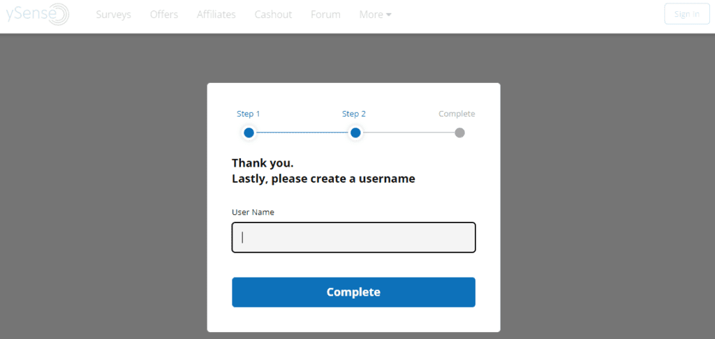 ySense  Username step 2