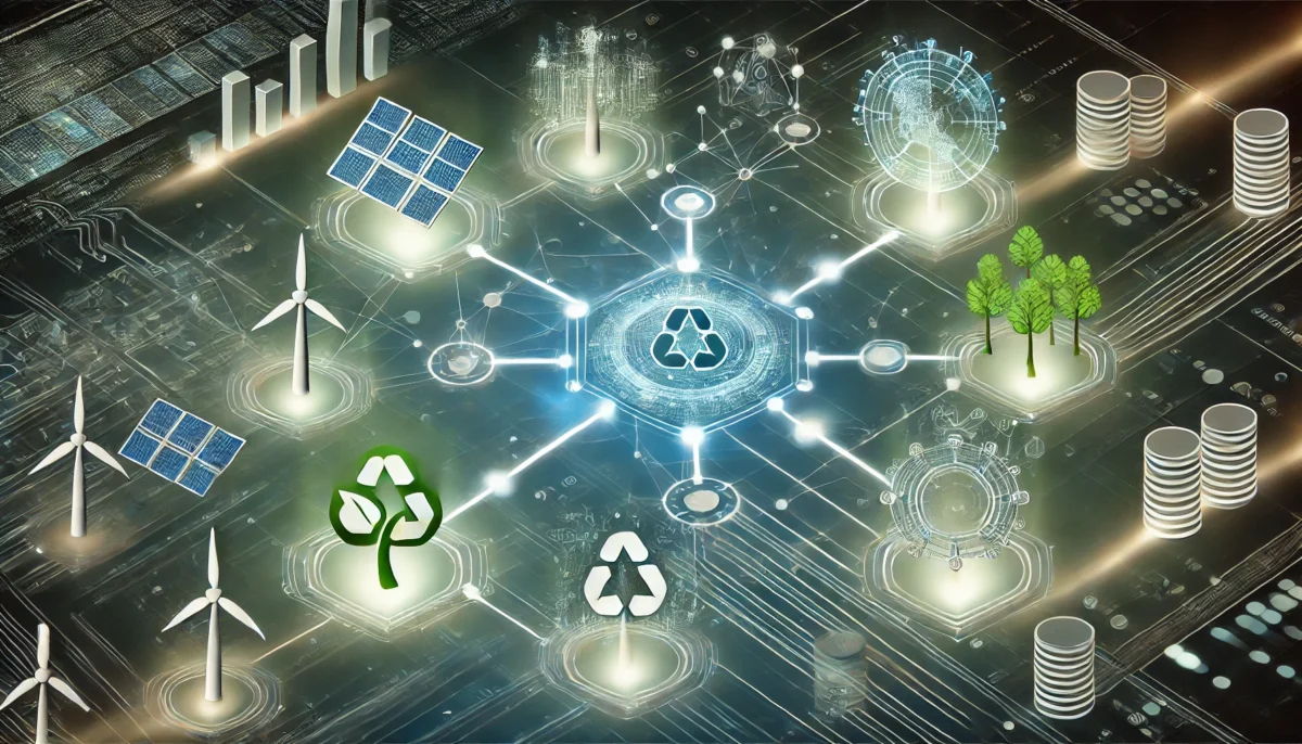 A digital ecomoney ecosystem diagram showing a traditional financial network merging with modern, eco-friendly technology